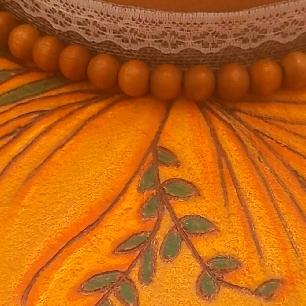 Hand Crafted Beige Orange Floral Bolero Hat Burned Outlines  Feathers Flowers - Picture 6 of 15